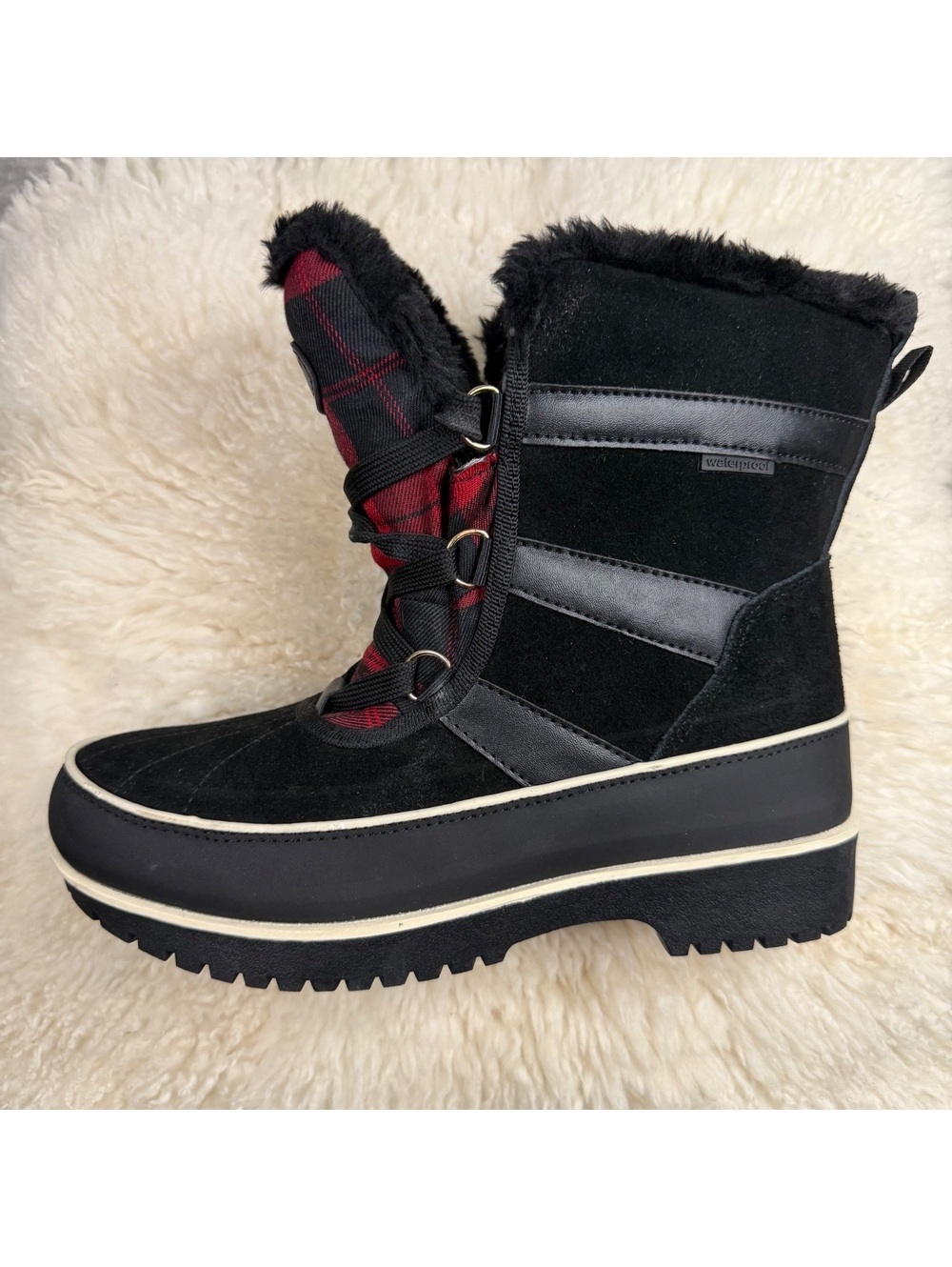 Weatherproof Brienne Women’s Winter Snow Boots Black Plaid Faux Fur 7.5 NWOT
